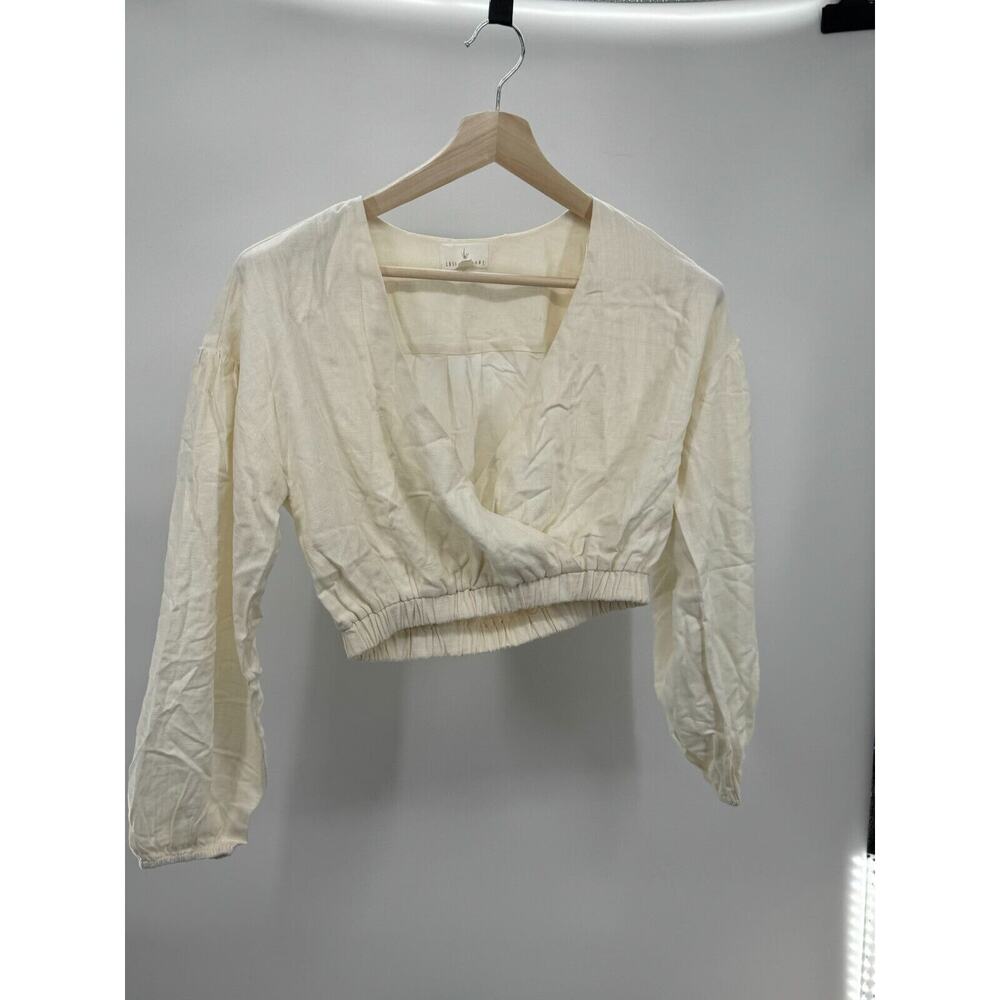 Lost + Wander Womens Top Cream Small Cropped Long Sleeve V-Neck Elastic Hem